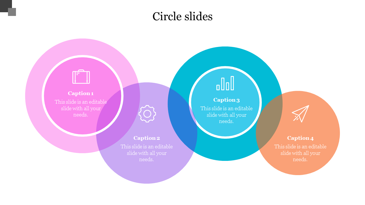 Four overlapping circles in pink, blue, purple, and orange, each with an icon and label for captions.