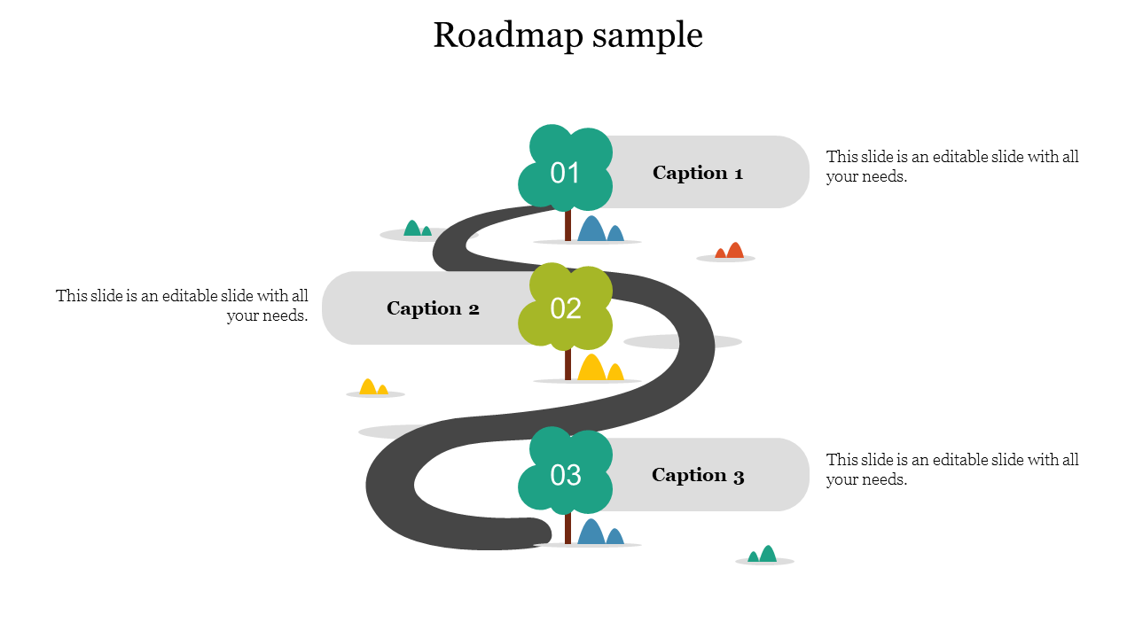 Curved roadmap infographic PPT slide with numbered milestones and caption placeholders on a white backdrop.