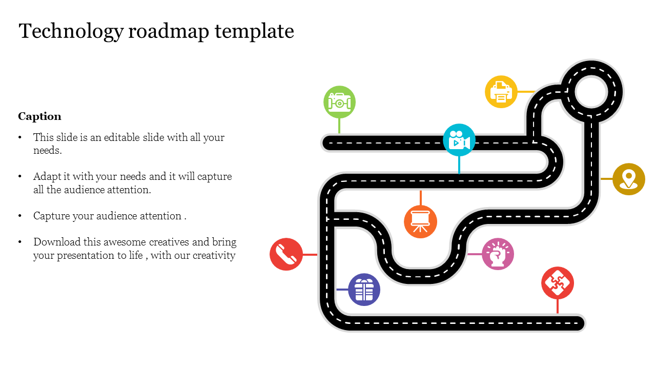 Technology roadmap template with a winding path and icons for different milestones with caption text.