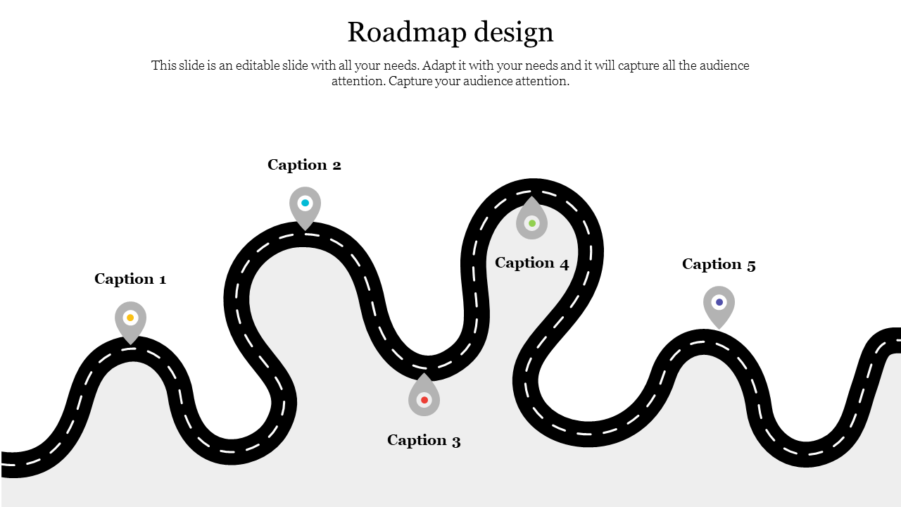 Roadmap design slide featuring a winding road graphic with five caption markers along the path and placeholder text.