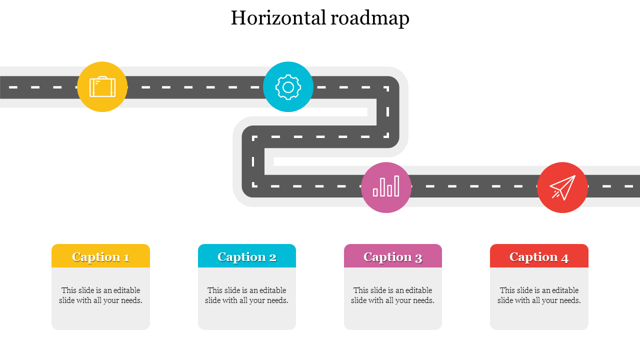 A road with four horizontal map markers with each having an icon and a  placeholder text area.