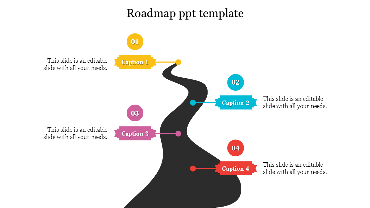 Black and gray winding roadmap with colorful markers and caption areas positioned to show progress checkpoints.