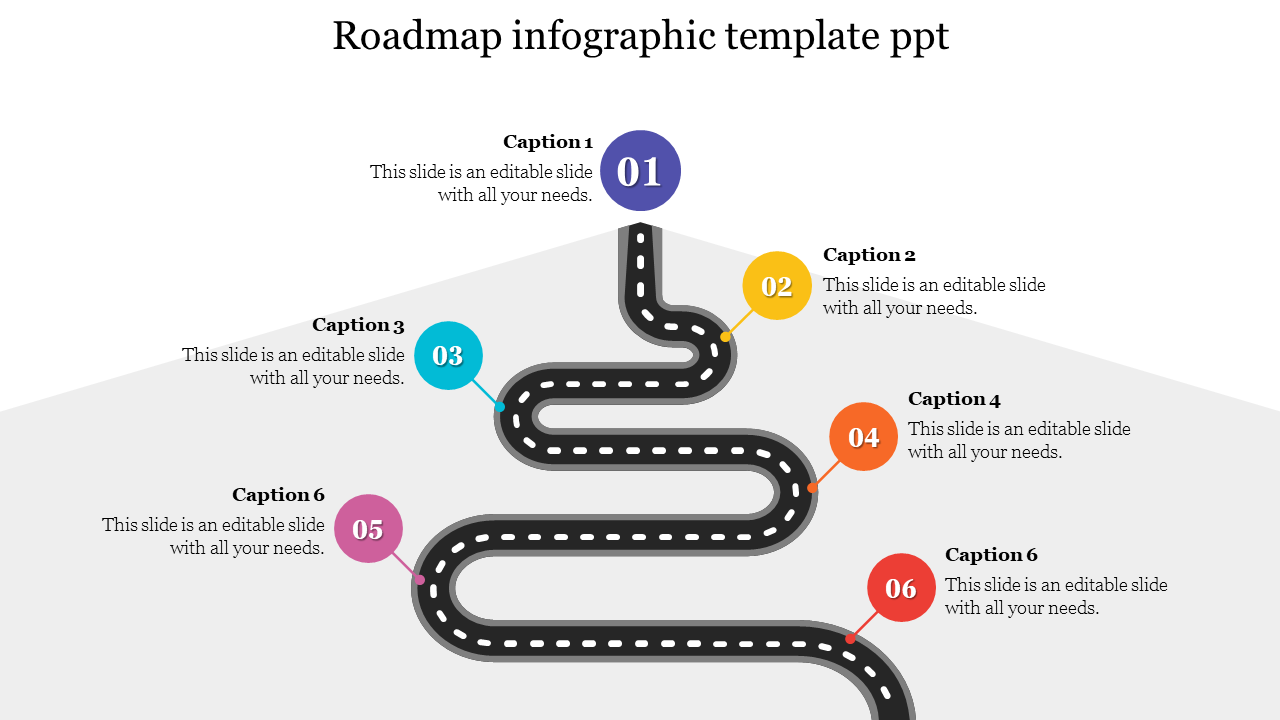 Infographic slide with a road map design,  and six distinct stages, each highlighted by a colored marker and caption area.