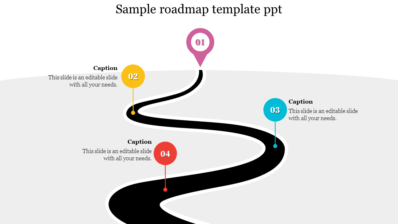 Winding roadmap slide with four milestones, each marked by colored pointers and captions numbered 1 to 4.