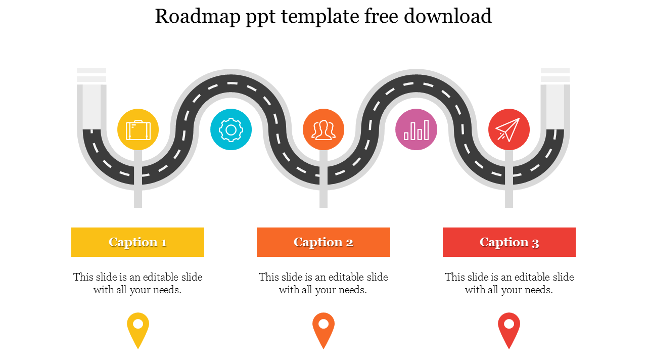 Wavy road with five icons and three colored captions beneath, displaying a progression of steps with colorful markers.