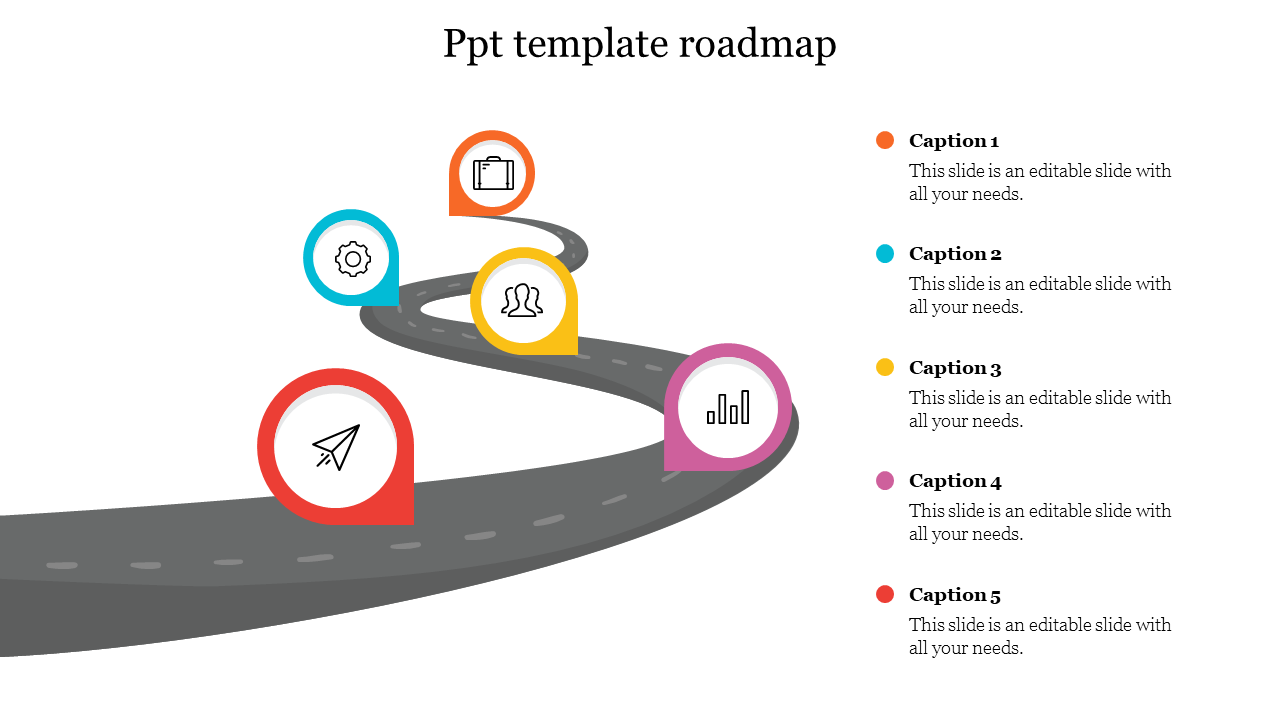 A winding roadmap with five colored pins, each containing an icon, paired with numbered caption area on the right.