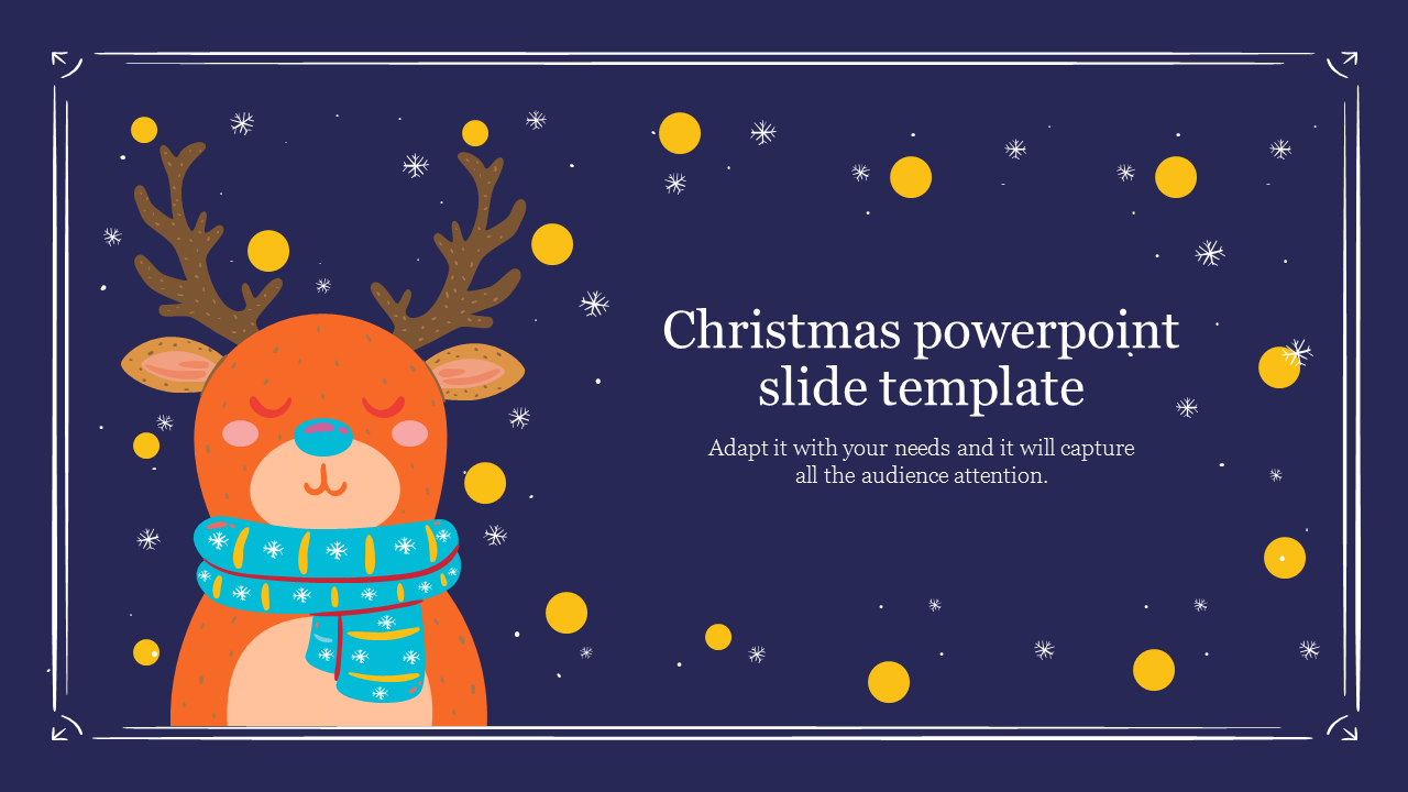 Cute reindeer with a blue scarf, surrounded by yellow circles and snowflakes, set against a dark navy background.