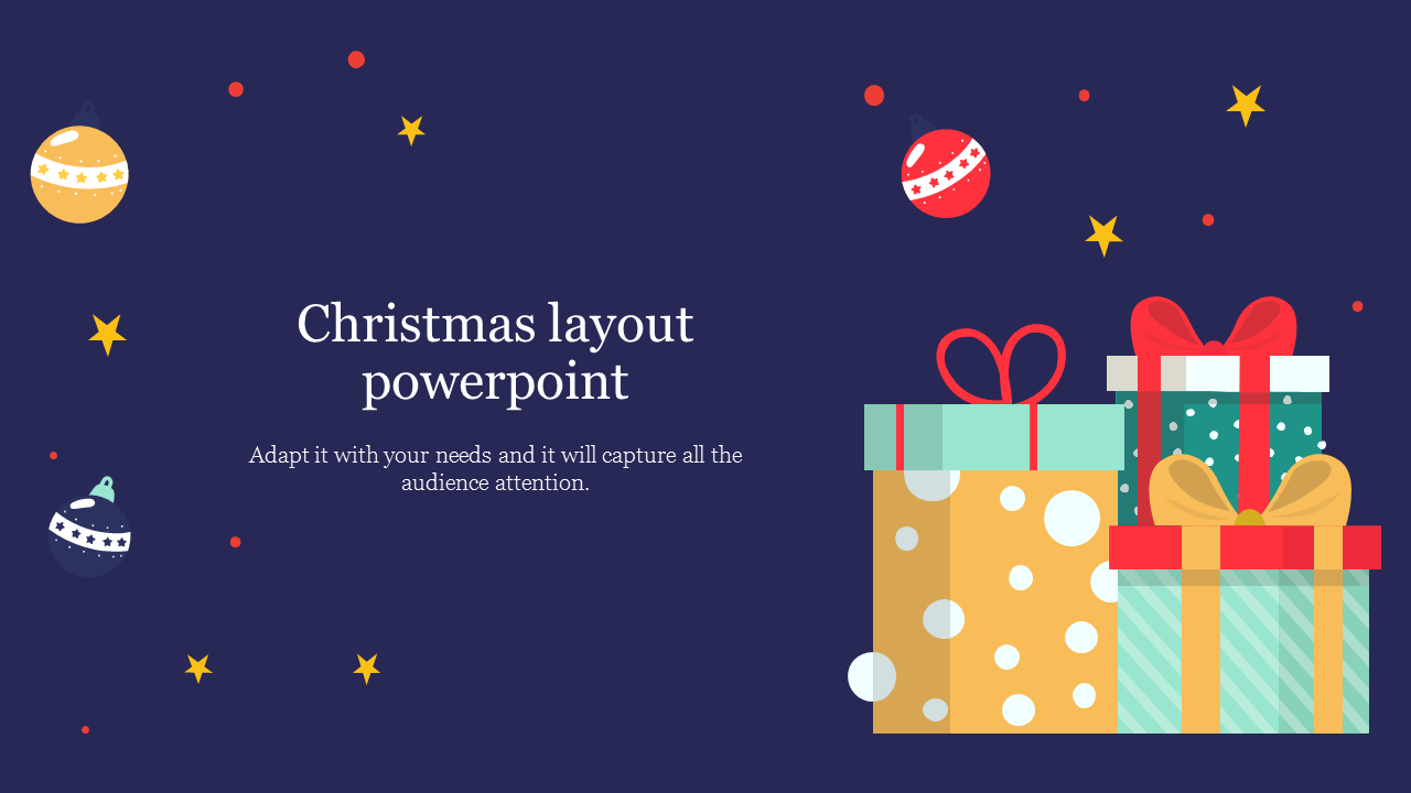 Festive Christmas PowerPoint slide with wrapped gifts, ornaments, and a dark blue background.