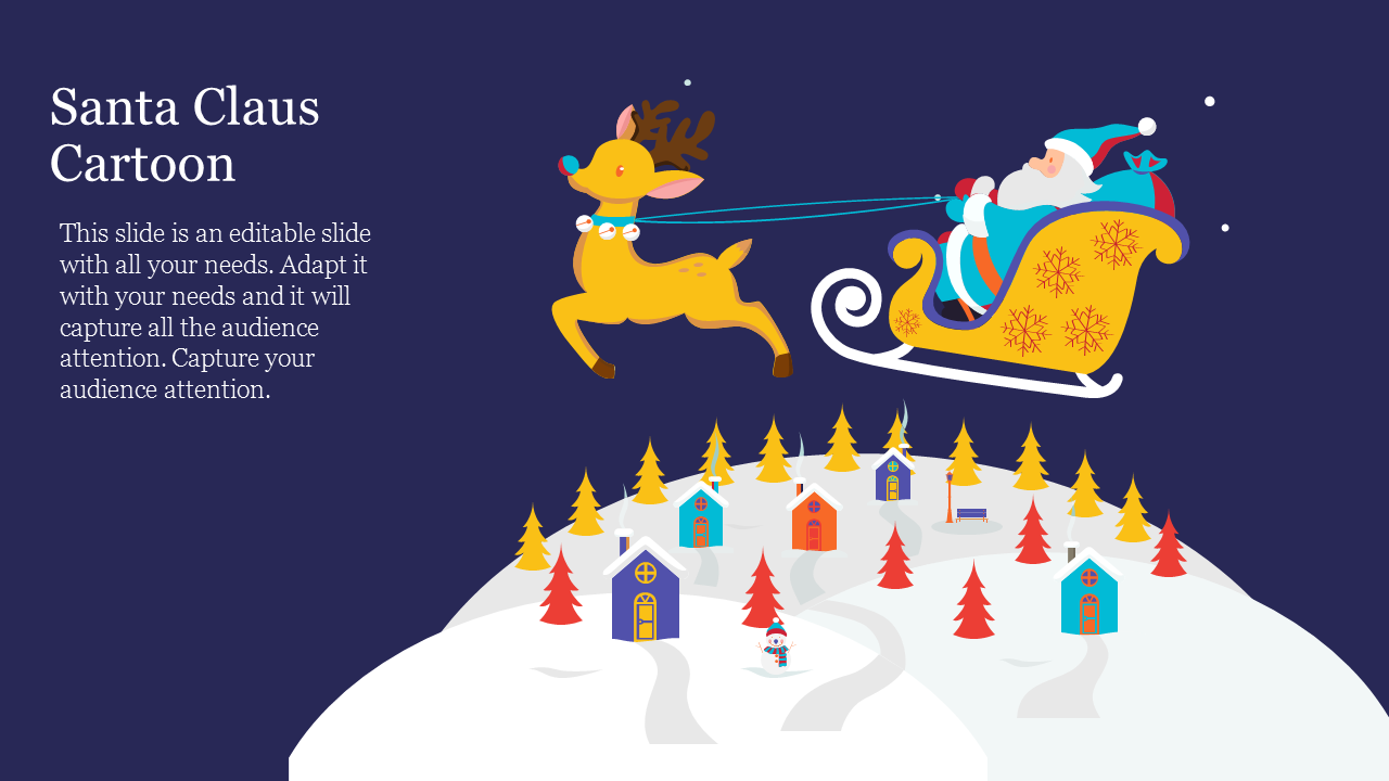 Cartoon of Santa Claus on a sleigh with a reindeer above a festive winter village in blue background.