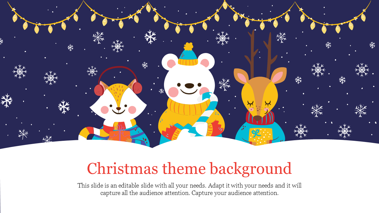 Festive Christmas PPT slide featuring a fox, polar bear, and reindeer in winter attire with gifts under a snowy night sky.