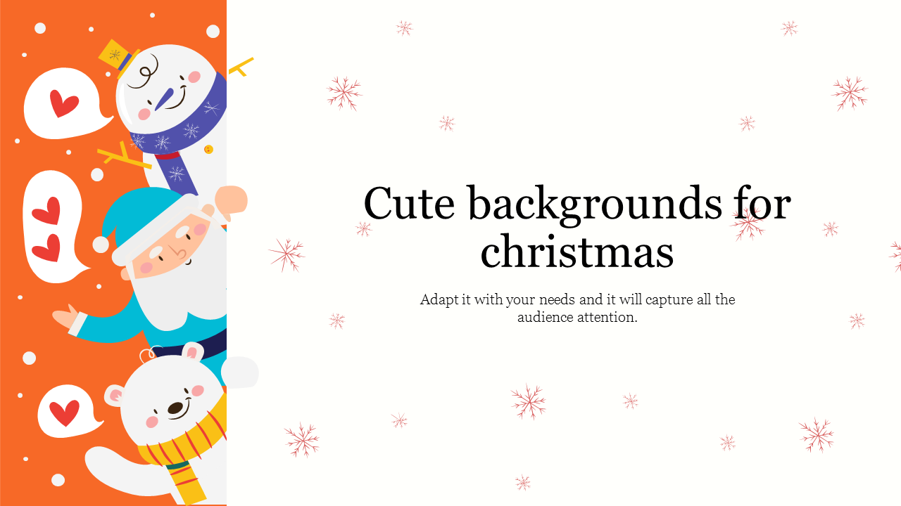 Cute Christmas themed PowerPoint slide featuring Santa, a snowman, and a polar bear peeking from the left side.