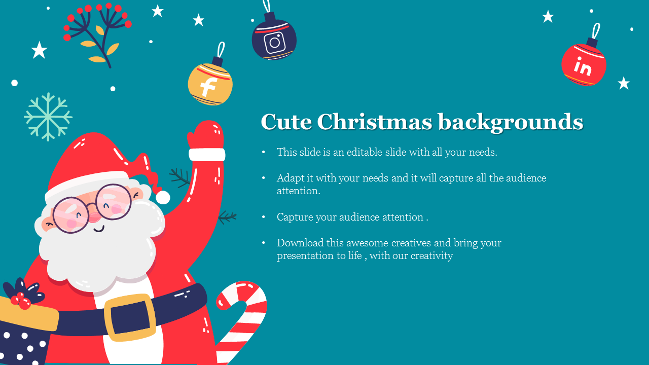 Santa Claus waving next to colorful hanging ornaments and stars, set on a teal background with a festive theme.