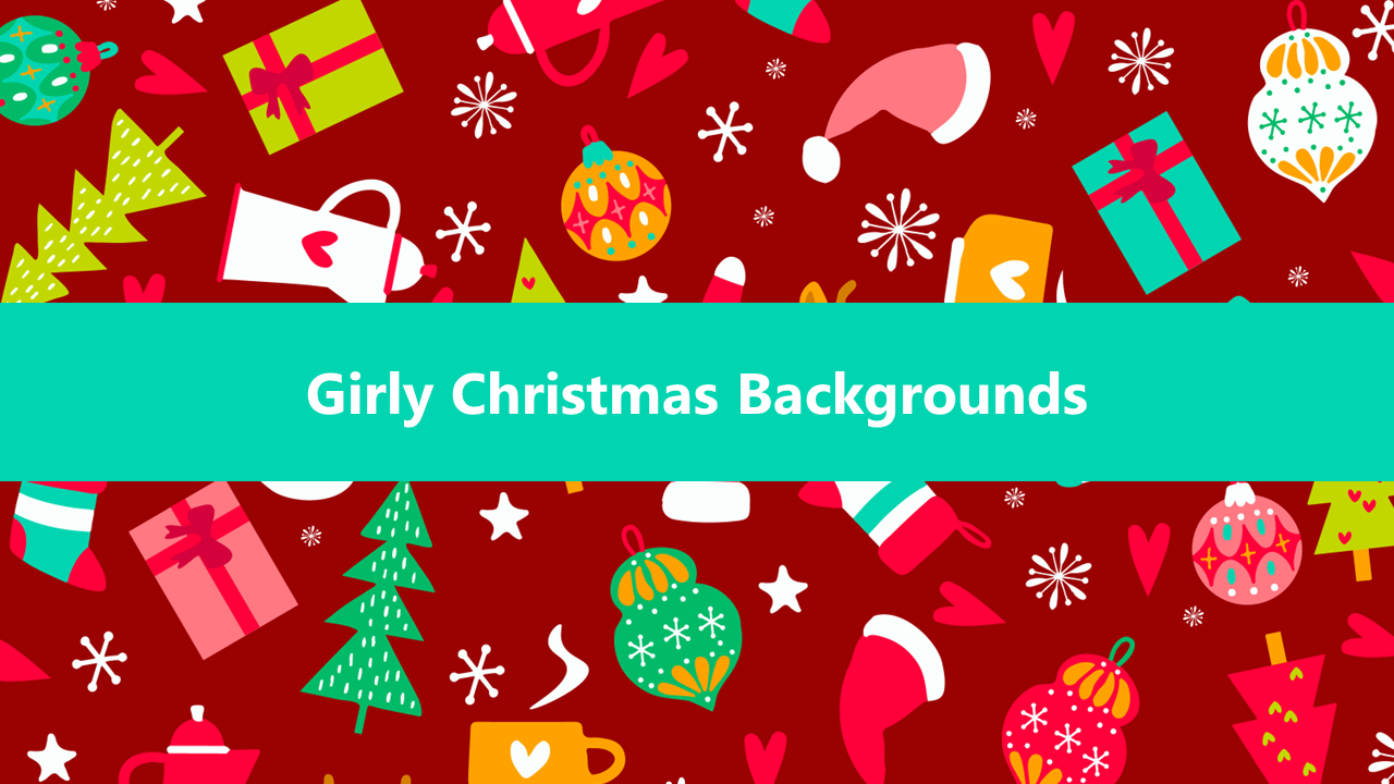 Festive Christmas background PPT slide with pink and red holiday themed elements, including gifts, ornaments, and hearts.