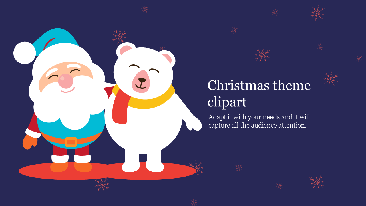 Cute illustration of Santa and a polar bear with snowflakes in the background, perfect for a Christmas theme.