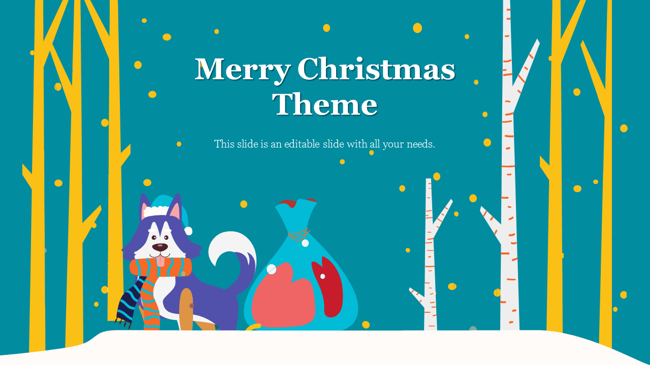 Festive Christmas themed slide with a snowy forest, a husky wearing a scarf, and a sack of gifts.