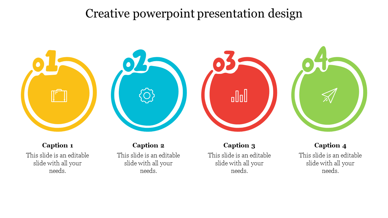 Colorful creative circular infographic PPT slide with four numbered captions on a white backdrop.