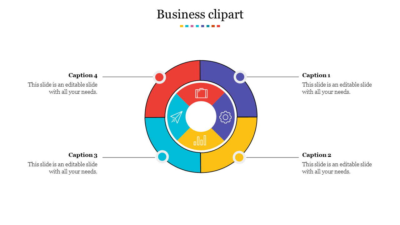 Circular infographic business clipart with four color-coded segments surrounding icons for business tasks.