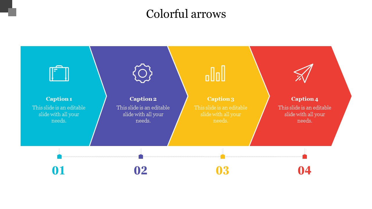 Colorful arrow infographic PPT slide featuring business, settings, analytics, and communication icons.