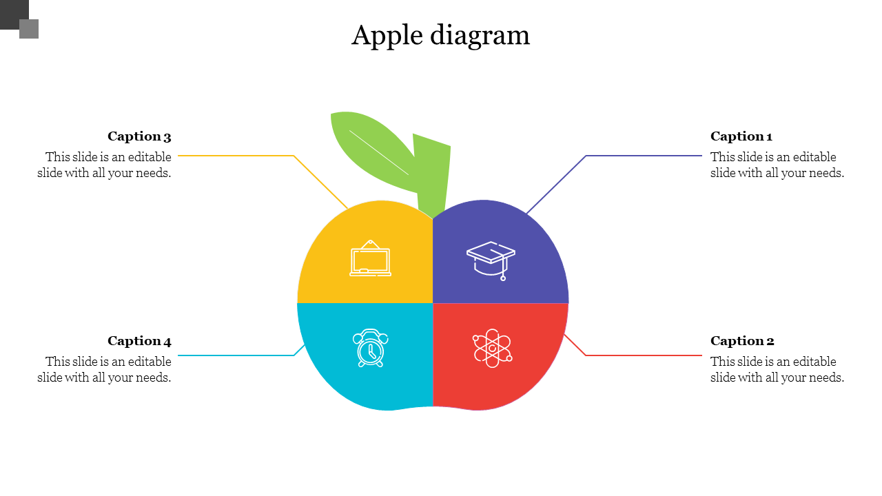 Colorful apple shaped infographic PPT slide divided into four sections with icons and captions on a white backdrop.