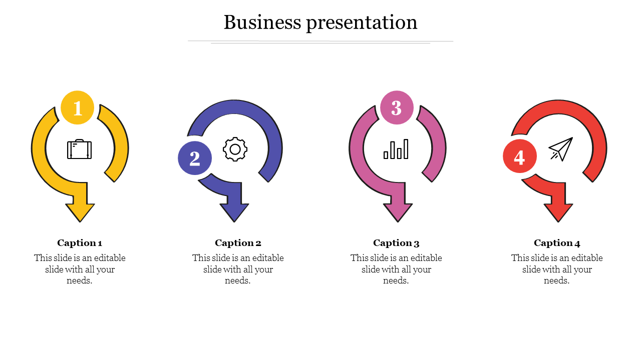 Color-coded business steps with icons inside arrows, numbered from 1 to 4 with captions areas beneath.