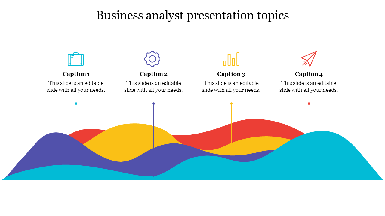 Colorful wave chart slide representing four business analyst topics, each labeled with icons and placeholder text.