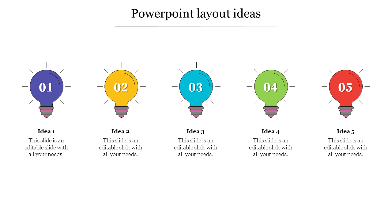 Horizontal layout featuring colorful lightbulbs numbered 01 to 05, each paired with a placeholder text areas.