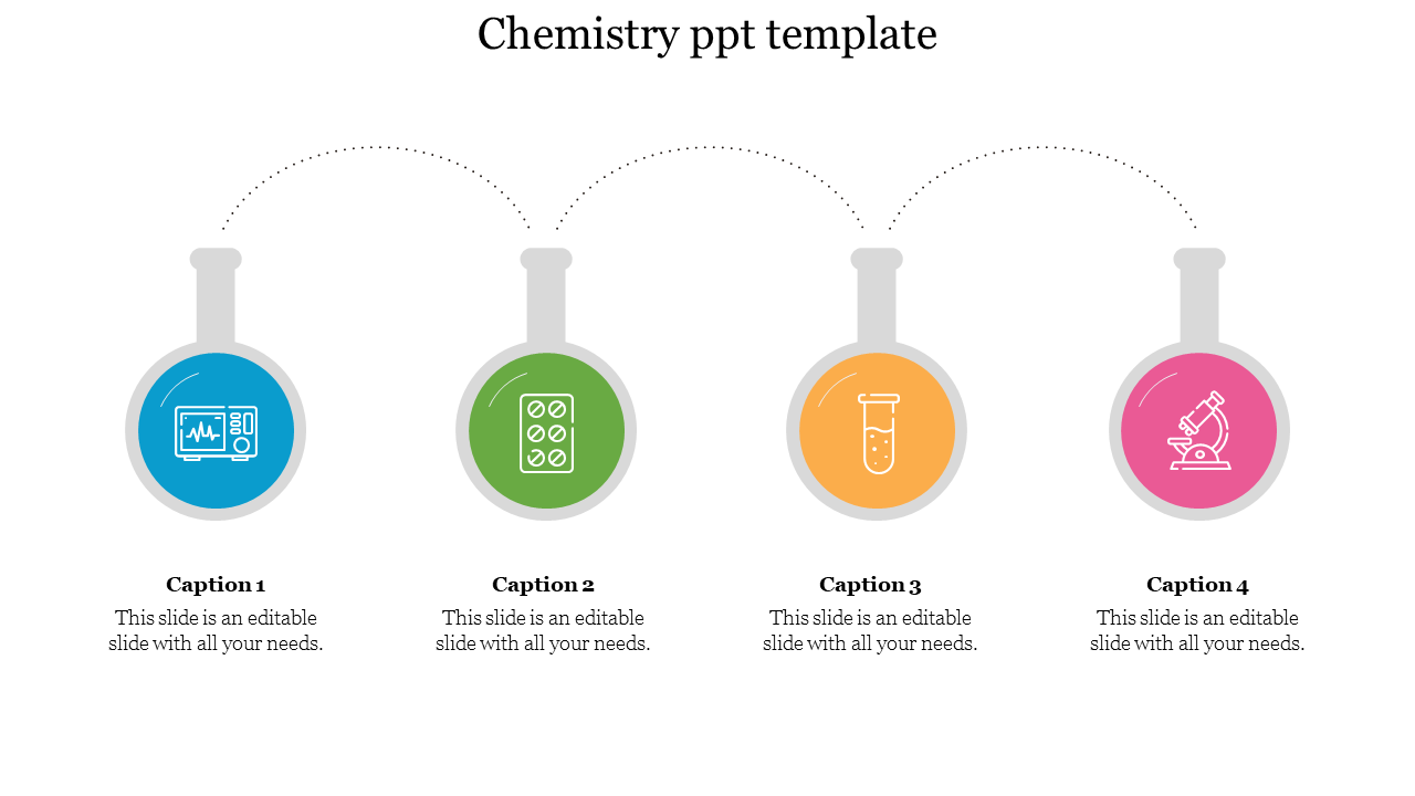 Chemistry-themed slide with colorful circular flask icons, symbolizing lab activities and research tools.