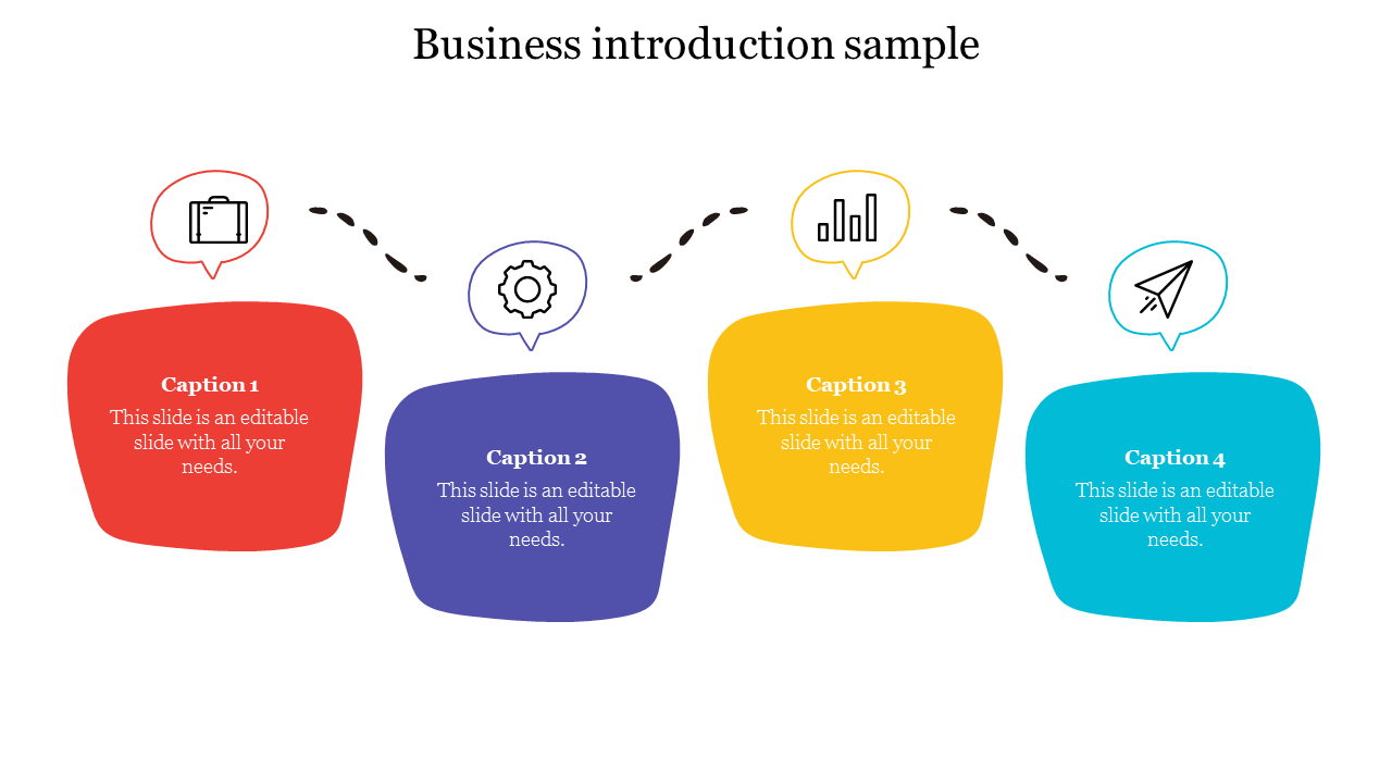 Business-themed slide with four colored shapes, containing captions, and associated icons illustrating business concepts.