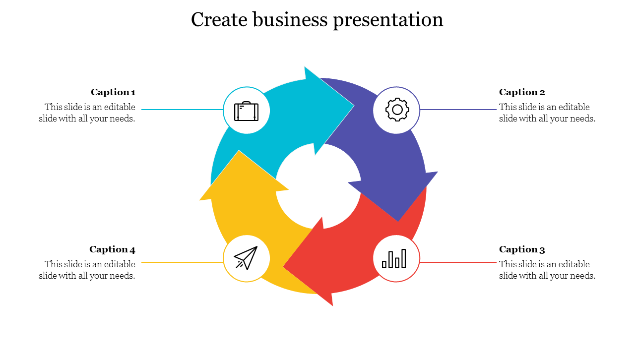 Circular flowchart with four arrows in blue, purple, red, and yellow, each containing business related icons and captions.