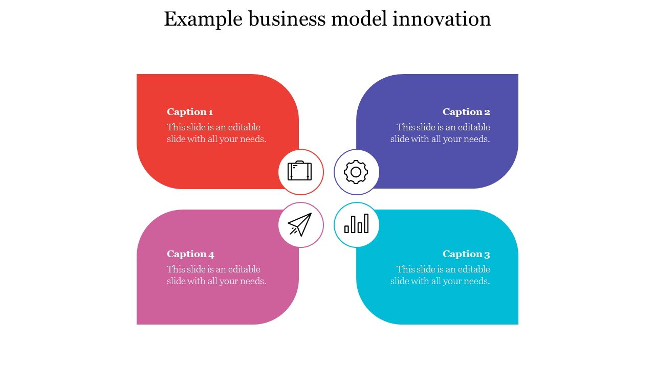 Business model innovation slide featuring four colored sections labeled with captions and icons for various concepts.