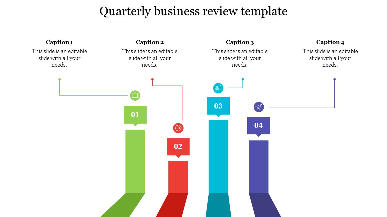 Colorful quarterly business review slide showcasing four steps with captions and icons.