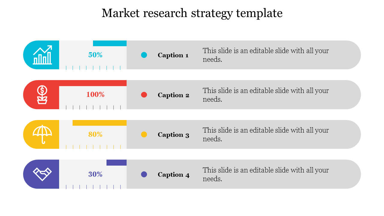 Four-step diagram showing icons for market research elements, each with a percentage progress bar and placeholder text. 