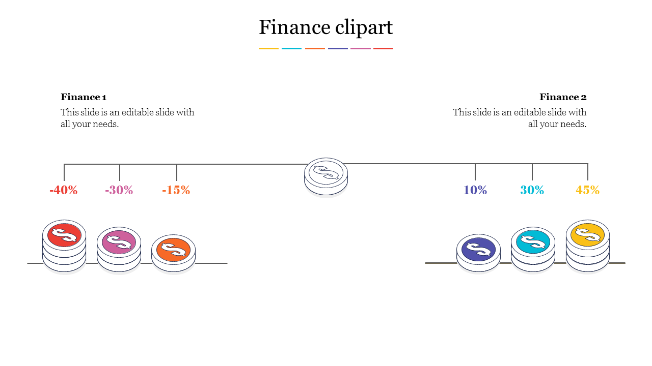 Finance chart with colorful coin stacks and percentage labels, split into negative and positive sections.