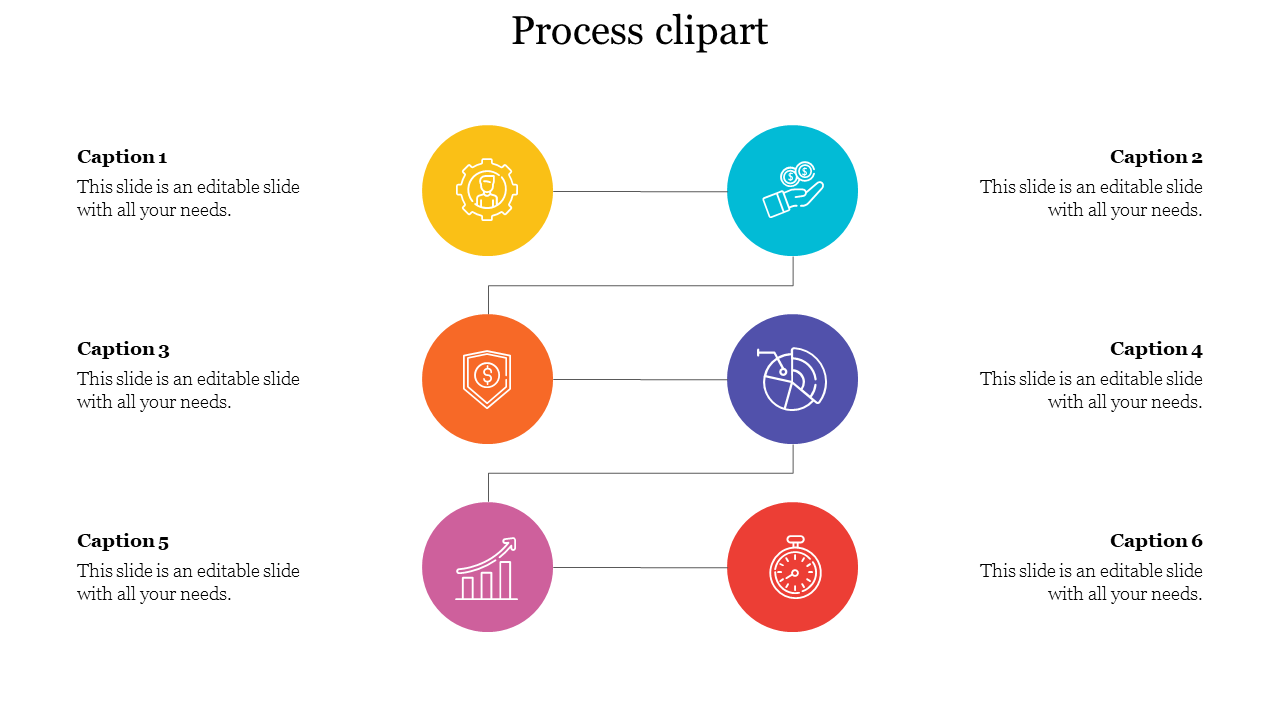 Process clipart diagram PowerPoint template with six captions with colored icons.