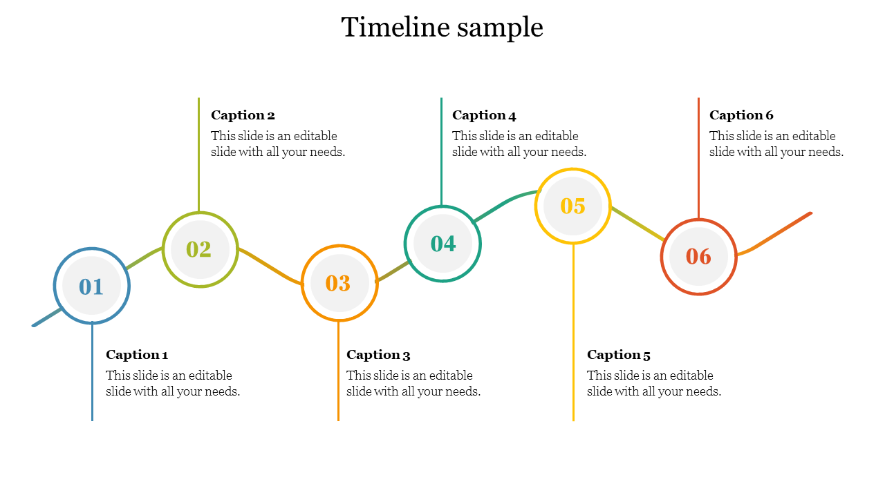 Timeline with six numbered circular steps in blue, green, orange, teal, yellow, and red, connected by lines, with captions.