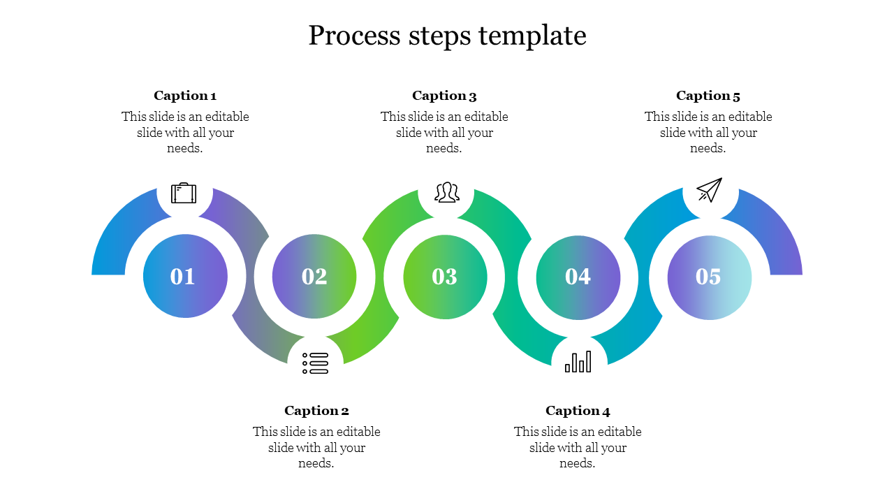 Gradient style process PPT slide steps infographic with five numbered circular elements with icons with captions.