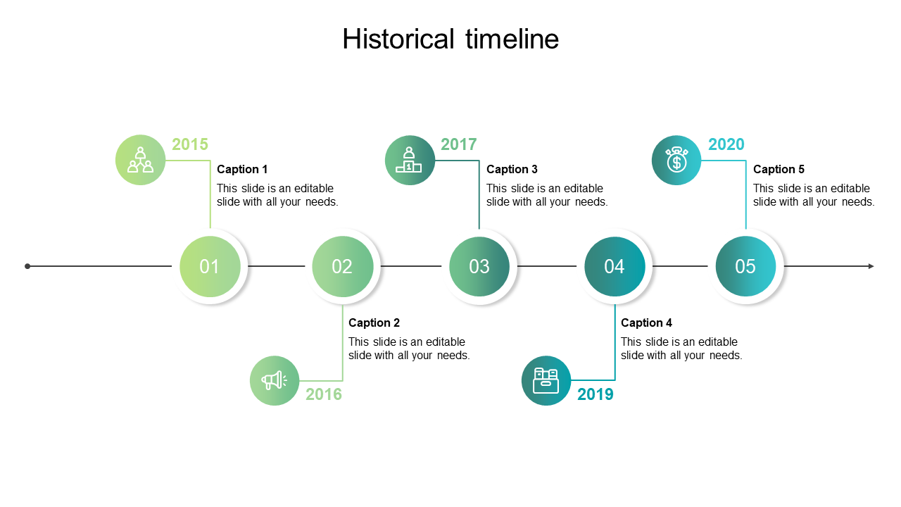 Historical timeline with circular markers in green and teal shades, for years 2015 to 2020, featuring icons and captions 