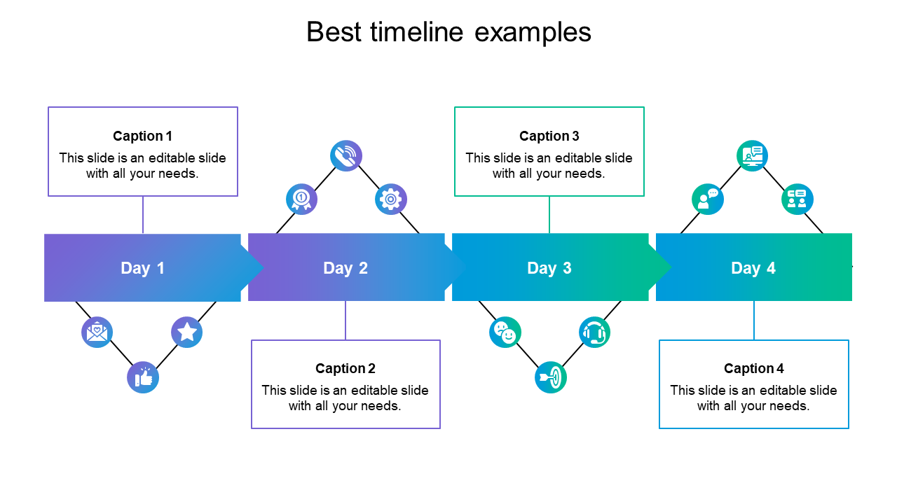 Four day timeline infographic PPT slide with gradient arrows and icons for each step with captions and placeholder text.