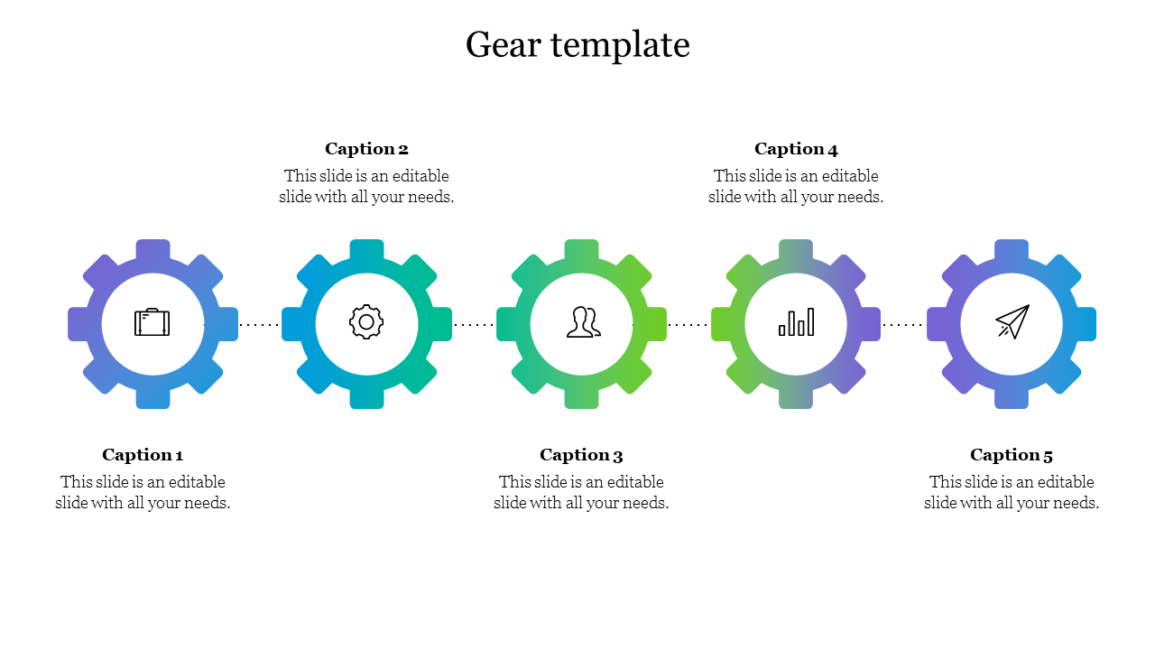 Slide with five interlocking gears in shades of blue, green, and purple, each featuring a relevant icon and caption.