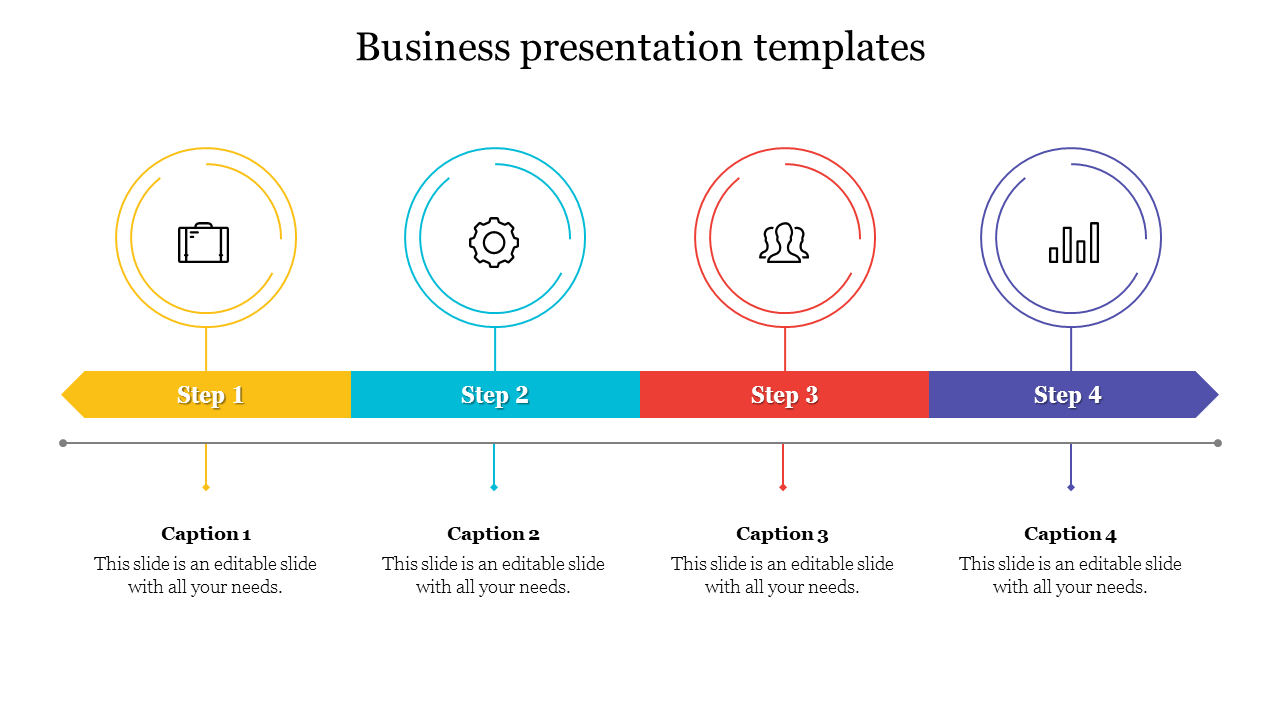 Business slide with four color coded steps in yellow, blue, red, and purple, each with a corresponding icon and label.