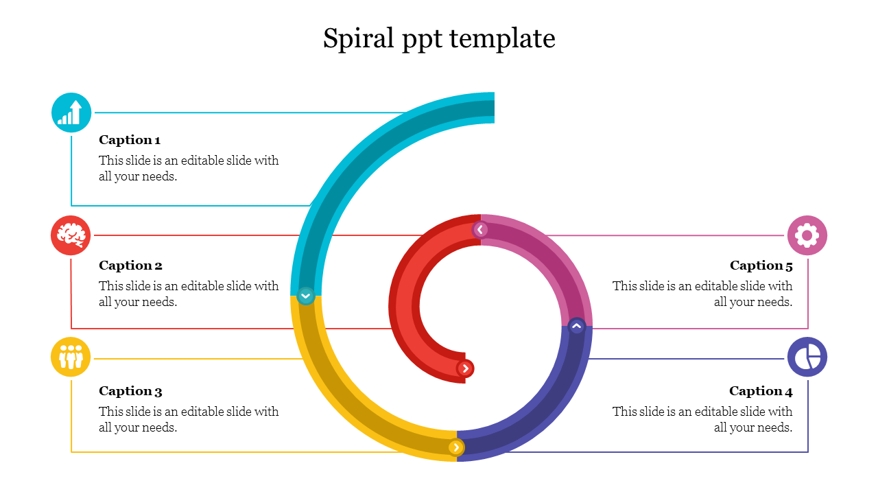 Colorful spiral graphic in blue, red, yellow, and purple with five text areas aligned around it.