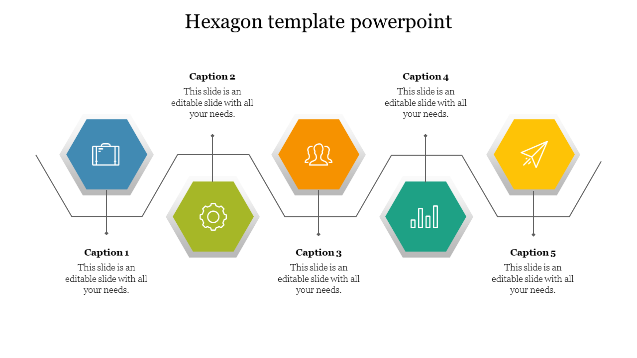 Hexagon based template with icons for business, team, settings, progress, and communication, each with caption areas.