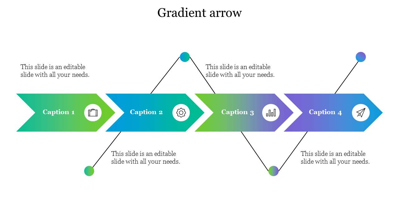 Four gradient arrows slide connected in a sequence, each containing icons and caption text.