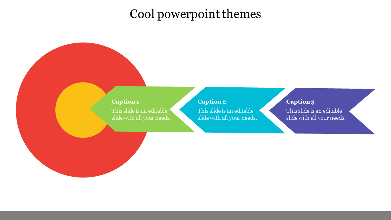 A colorful PowerPoint slide with a circular shape and three arrows in green, blue, and purple, each with a caption.