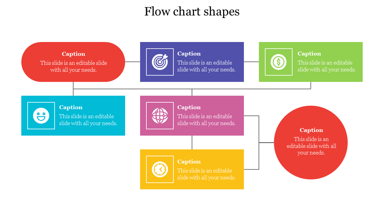 A colorful flowchart PPT slide with various shapes, icons, and caption areas for each section on a white backdrop.