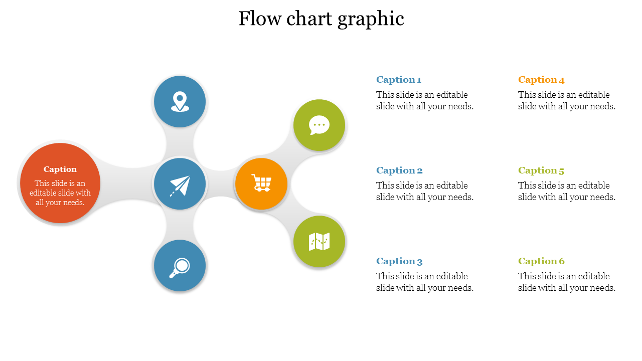 A flowchart graphic PPT slide with colorful icons and text sections connected by white circles on a white backdrop.