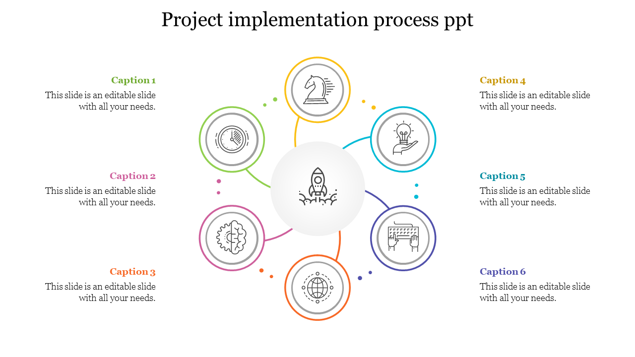 Circular project implementation diagram with colorful icons and caption area ideal for illustrating workflow steps.