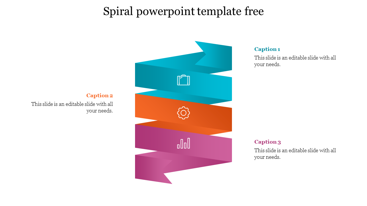 Spiral infographic with three segments in teal, orange, and purple featuring icons of a briefcase, gear, and bar chart.