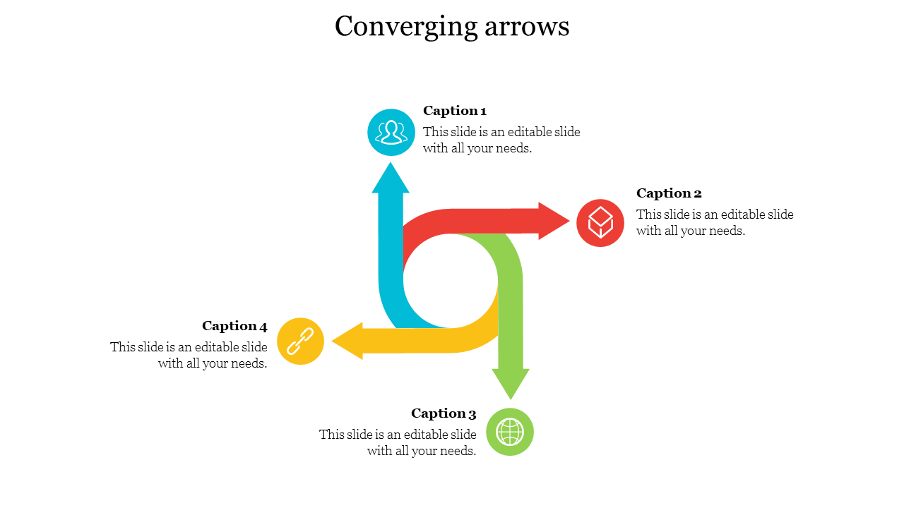 Four colorful arrows converge towards the center, each with a caption and icons representing different concepts.