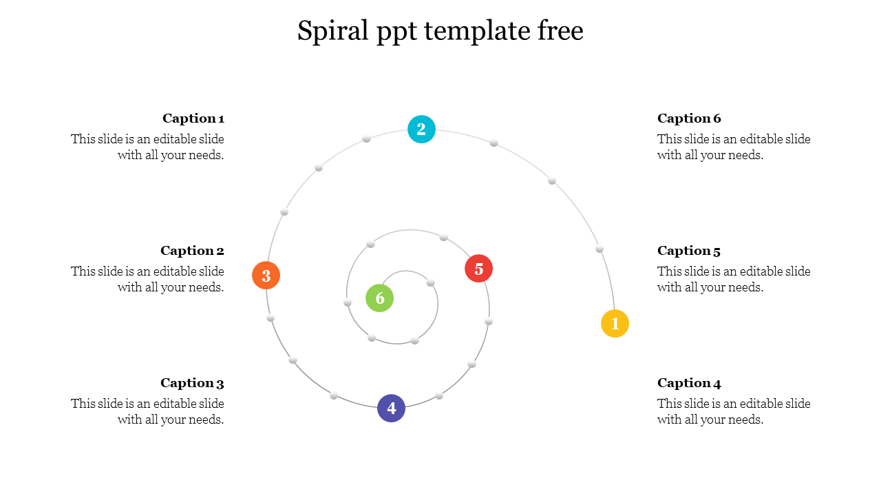 Spiral PowerPoint template featuring six colorful numbered sections with corresponding captions.